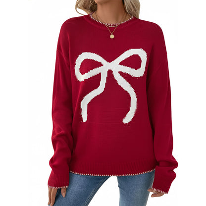 Christmas Bow Pullover Sweater with Round Neck