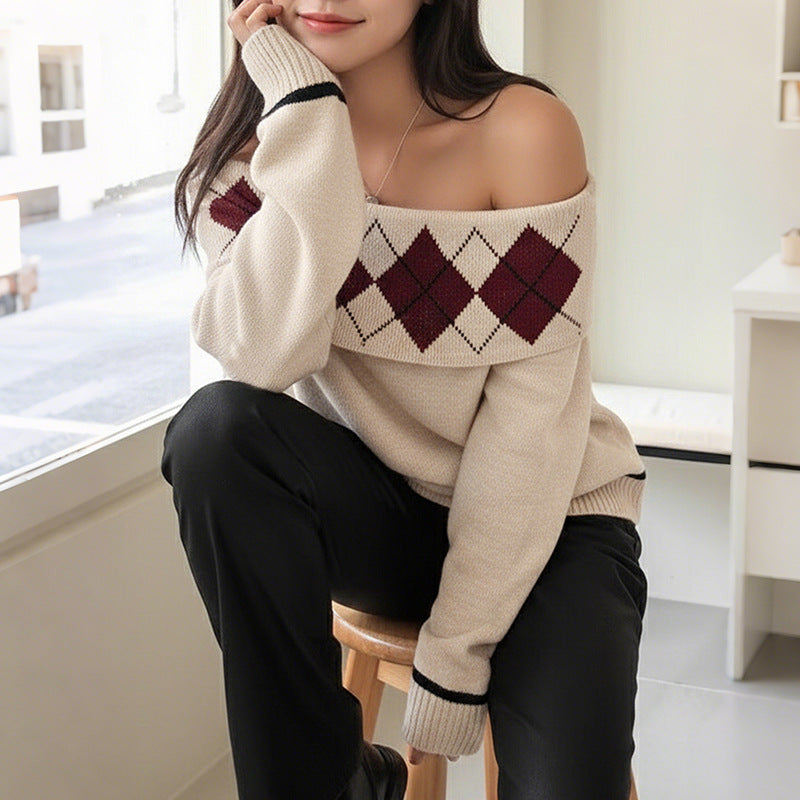 Argyle Jacquard Knit Sweater with Off-Shoulder Neckline