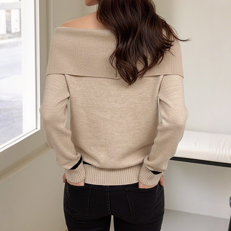 Argyle Jacquard Knit Sweater with Off-Shoulder Neckline
