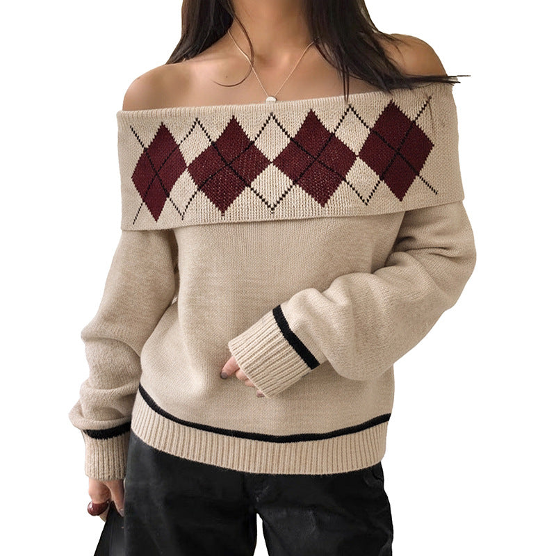 Argyle Jacquard Knit Sweater with Off-Shoulder Neckline