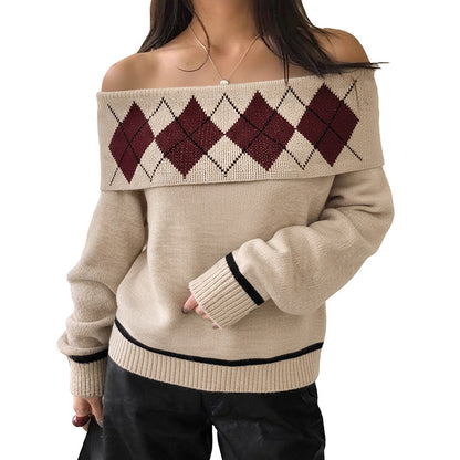 Argyle Jacquard Knit Sweater with Off-Shoulder Neckline