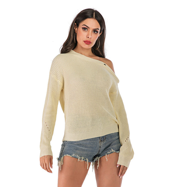 Loose Knit Pullover with Off-Shoulder Button Detail