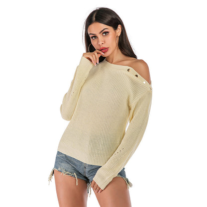 Loose Knit Pullover with Off-Shoulder Button Detail
