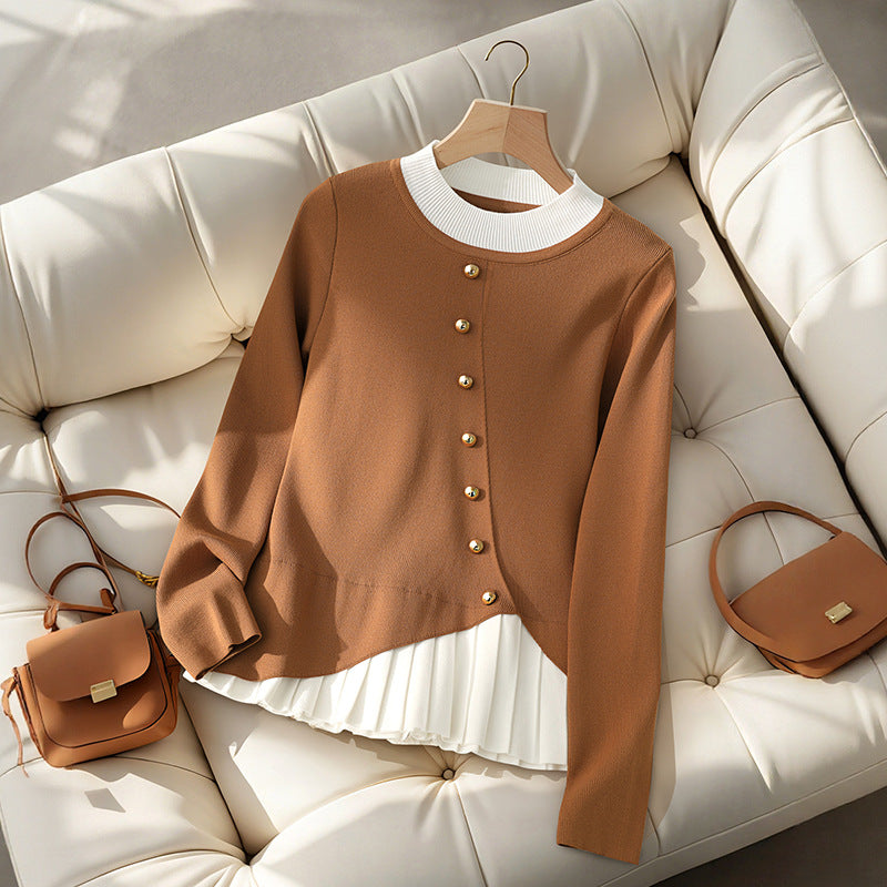 Faux Layered Pullover with Pleated Hem and Button Front