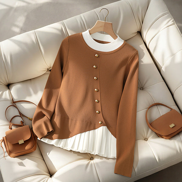 Faux Layered Pullover with Pleated Hem and Button Front