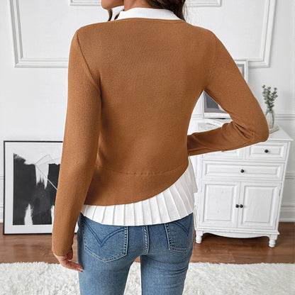 Faux Layered Pullover with Pleated Hem and Button Front
