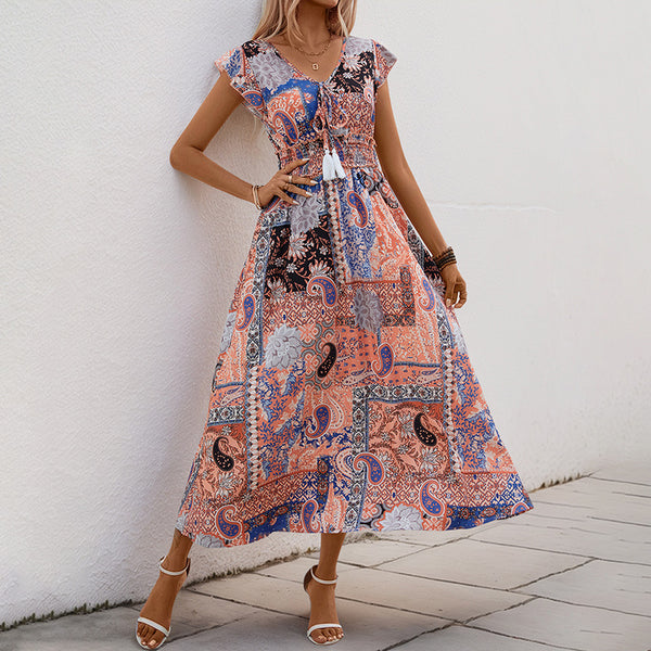 Paisley Patchwork A-Line Midi Dress with V-Neck