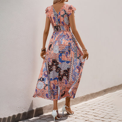 Paisley Patchwork A-Line Midi Dress with V-Neck