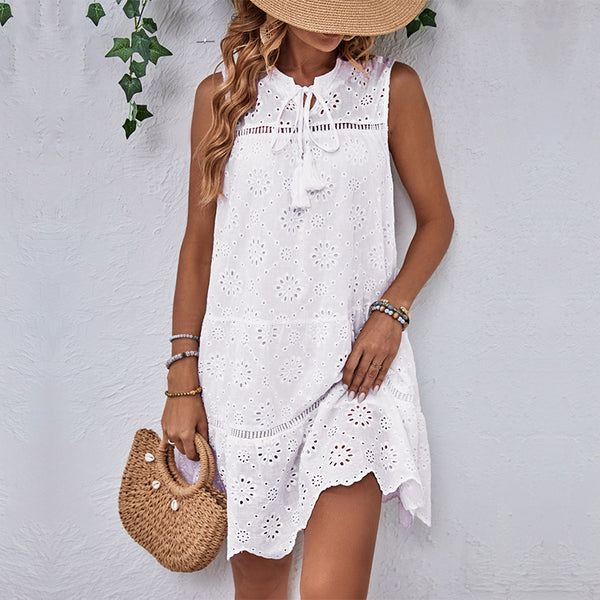 Sleeveless Eyelet Tunic Dress with Tassel Tie-Neck