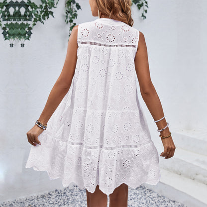 Sleeveless Eyelet Tunic Dress with Tassel Tie-Neck