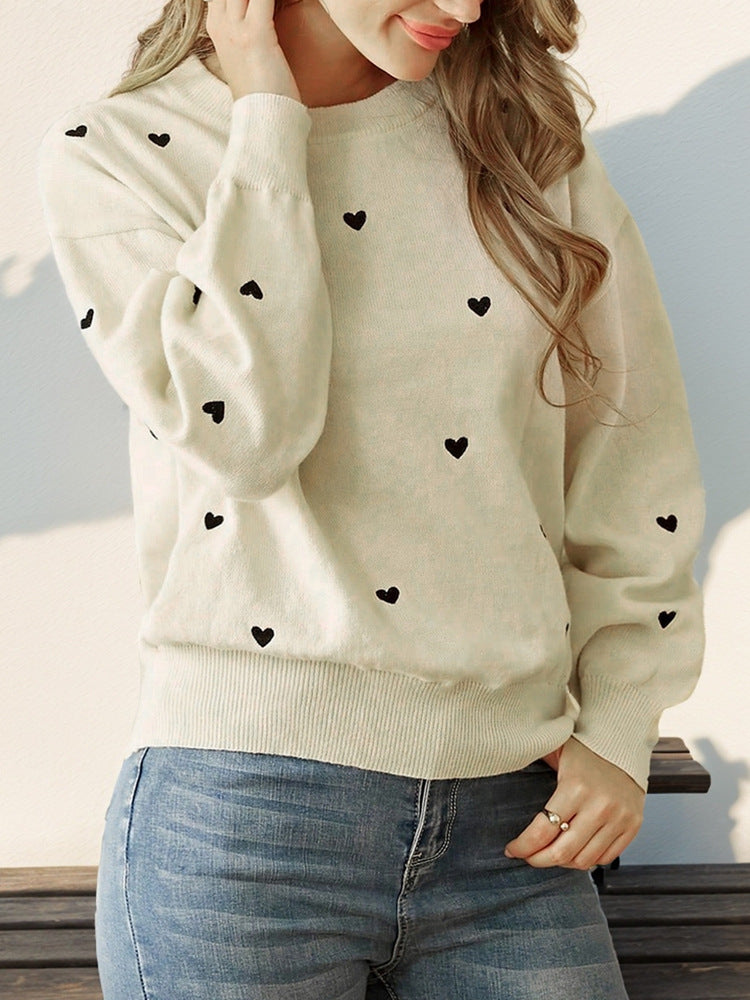 Heart Pattern Knit Pullover with Round Neck