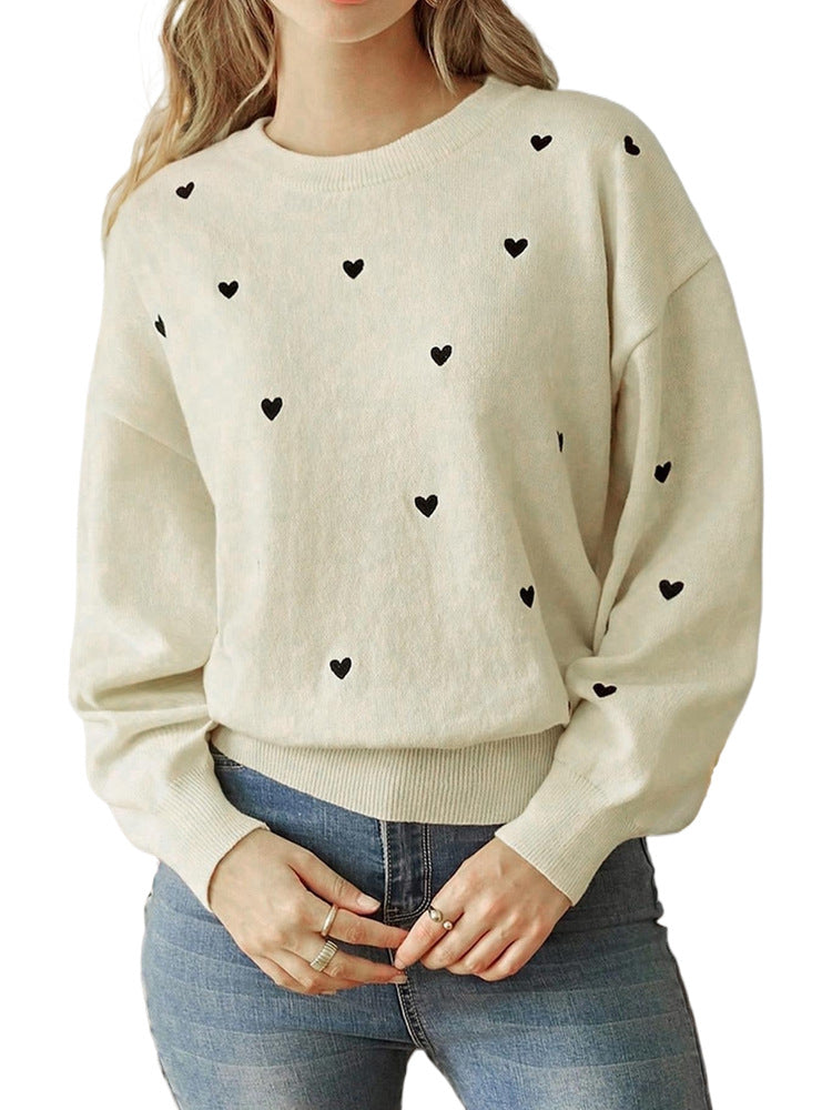 Heart Pattern Knit Pullover with Round Neck