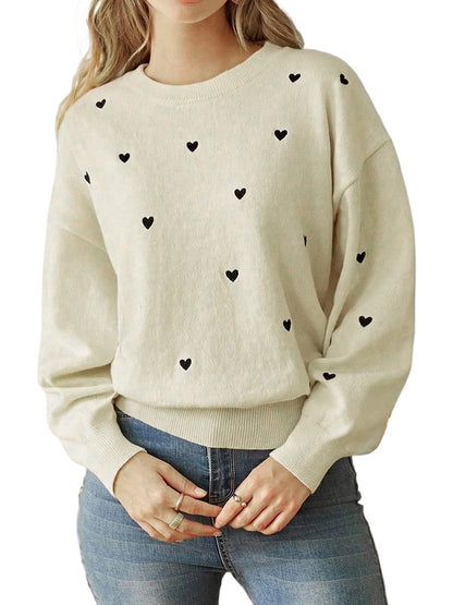Heart Pattern Knit Pullover with Round Neck