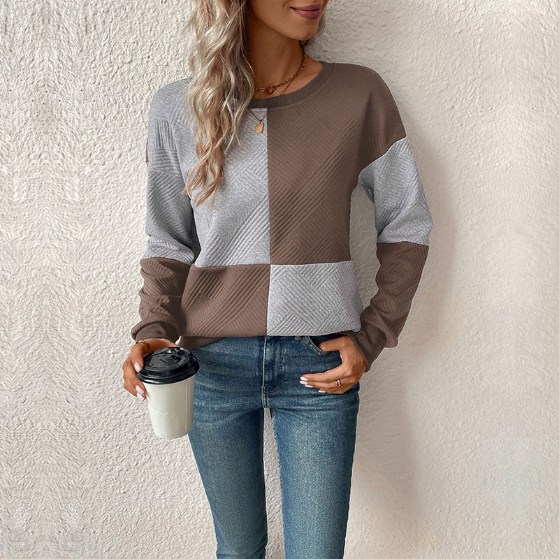Long-Sleeved Color-Blocked Pullover with Textured Fabric