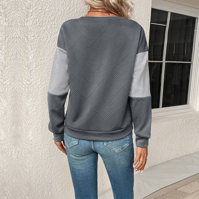 Long-Sleeved Color-Blocked Pullover with Textured Fabric