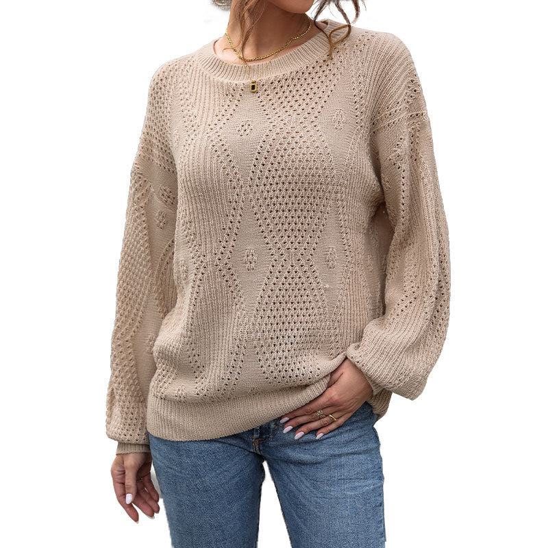 Open-Knit Diamond Pattern Pullover Sweater with Round Neck