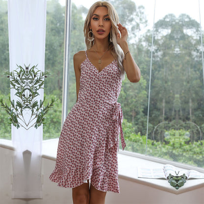 Floral Print Wrap Dress with Spaghetti Straps