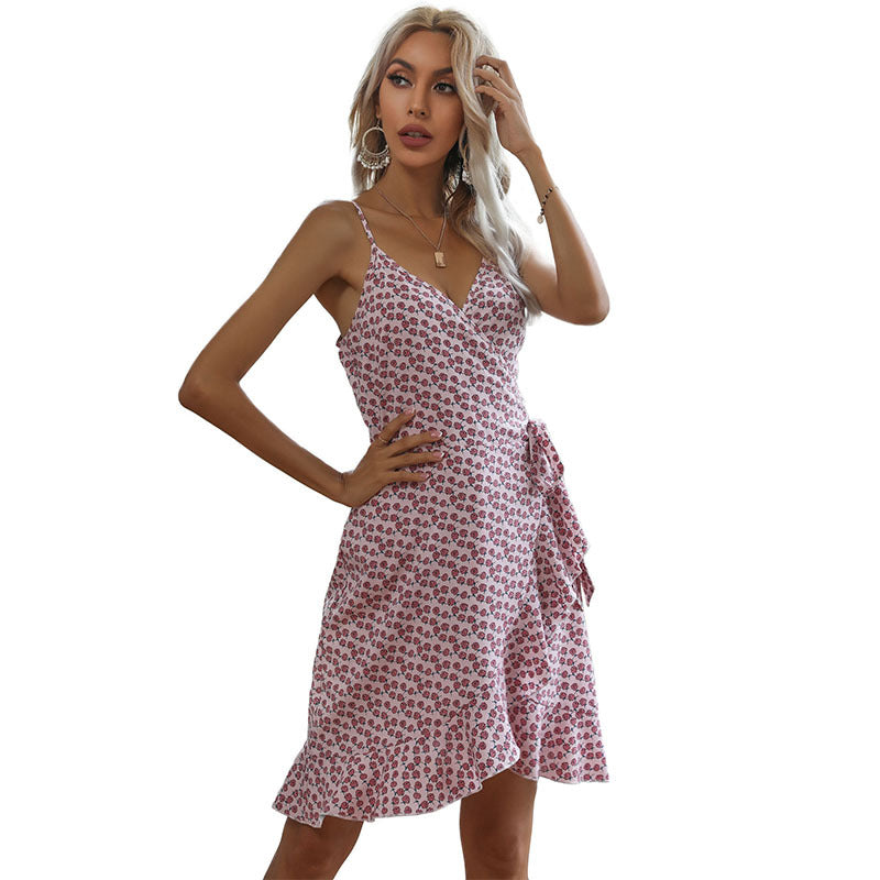 Floral Print Wrap Dress with Spaghetti Straps