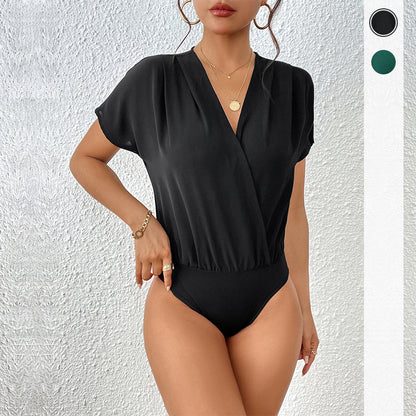 Draped Wrap Front Bodysuit with V-Neck and Dolman Sleeves