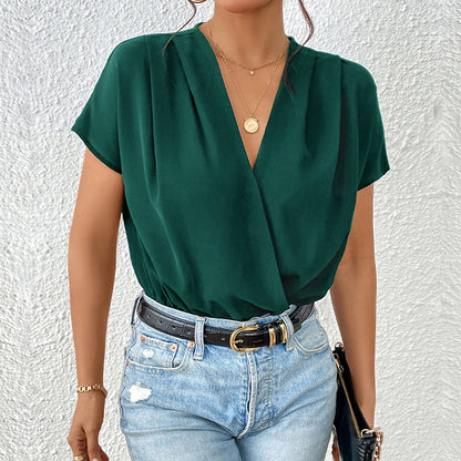 Draped Wrap Front Bodysuit with V-Neck and Dolman Sleeves