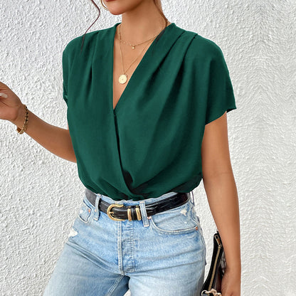 Draped Wrap Front Bodysuit with V-Neck and Dolman Sleeves