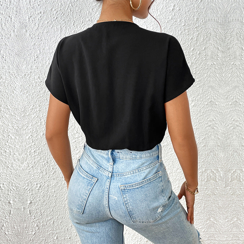 Draped Wrap Front Bodysuit with V-Neck and Dolman Sleeves