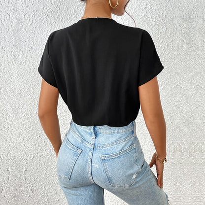 Draped Wrap Front Bodysuit with V-Neck and Dolman Sleeves
