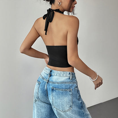 Slim-Fit Halter Crop Top with Lace Bust Detail