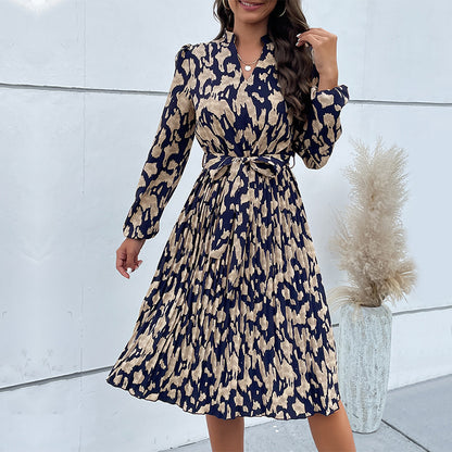 Abstract Print A-Line Midi Dress with Pleated Skirt