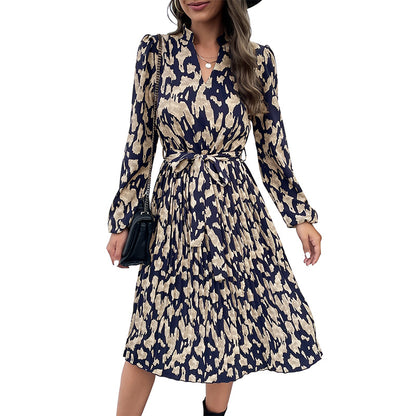 Abstract Print A-Line Midi Dress with Pleated Skirt