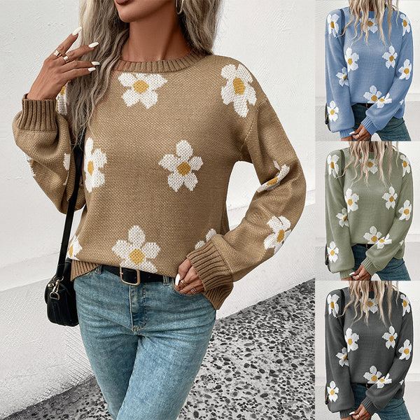 Floral Jacquard Knit Sweater with Round Neck