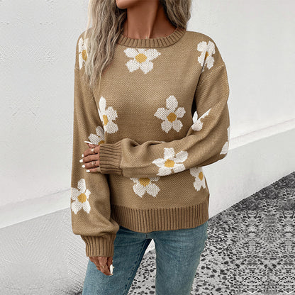 Floral Jacquard Knit Sweater with Round Neck