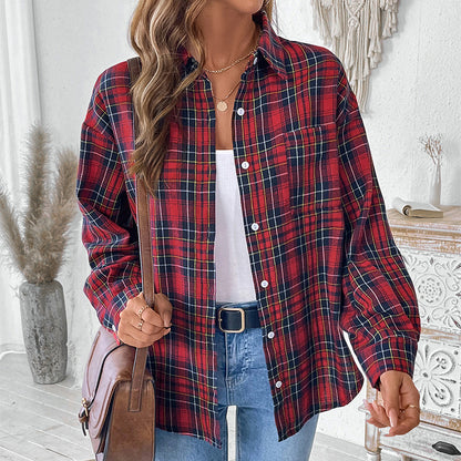 Plaid Button-Down Shirt with Lapel Collar and Long Sleeves