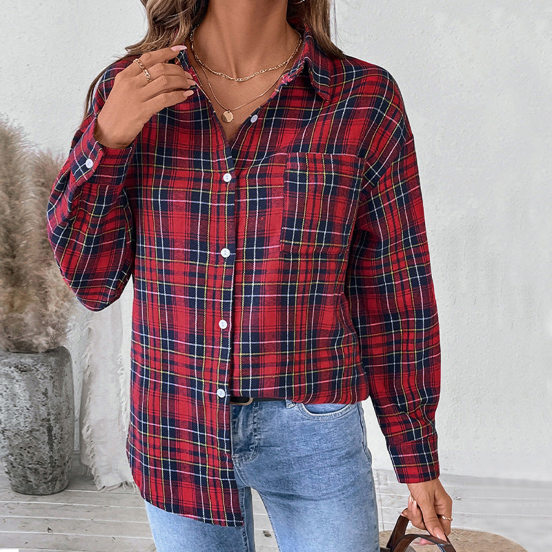 Plaid Button-Down Shirt with Lapel Collar and Long Sleeves