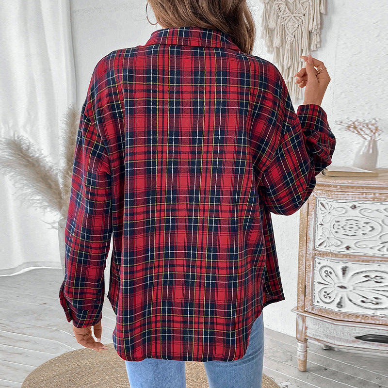 Plaid Button-Down Shirt with Lapel Collar and Long Sleeves