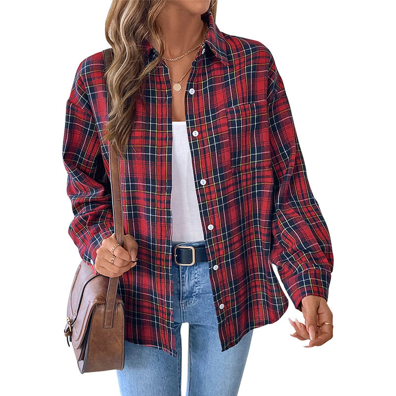 Plaid Button-Down Shirt with Lapel Collar and Long Sleeves