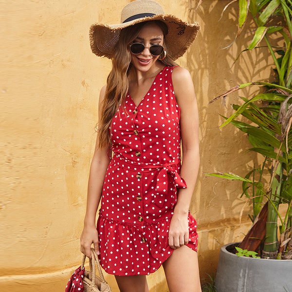 Polka Dot A-Line Mini Dress with V-Neck and Tie-Waist