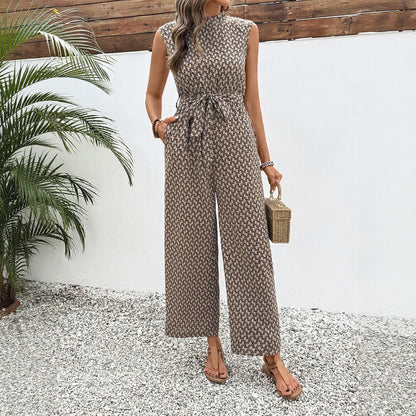 Geometric Print Wide-Leg Jumpsuit with Tie-Waist