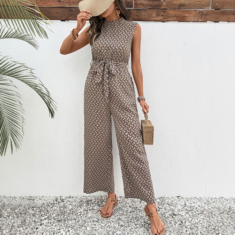 Geometric Print Wide-Leg Jumpsuit with Tie-Waist