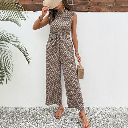 Geometric Print Wide-Leg Jumpsuit with Tie-Waist