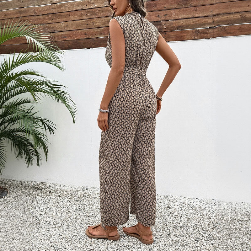 Geometric Print Wide-Leg Jumpsuit with Tie-Waist
