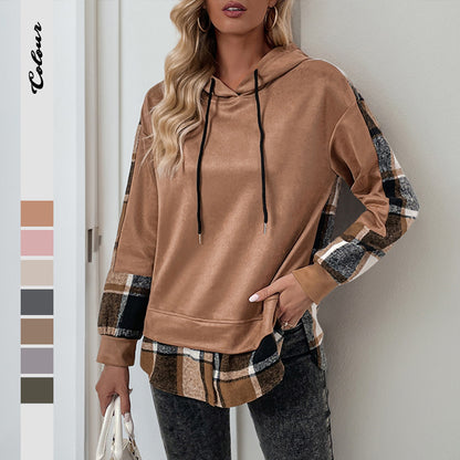 Plaid Patchwork Pullover Hoodie with Faux Layered Hem