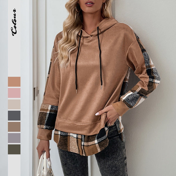 Plaid Patchwork Pullover Hoodie with Faux Layered Hem