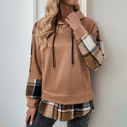 Plaid Patchwork Pullover Hoodie with Faux Layered Hem
