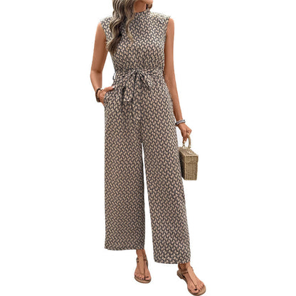 Geometric Print Wide-Leg Jumpsuit with Tie-Waist