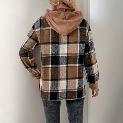 Plaid Patchwork Pullover Hoodie with Faux Layered Hem