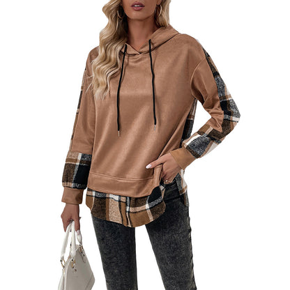 Plaid Patchwork Pullover Hoodie with Faux Layered Hem