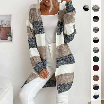 Striped Open Front Cardigan with Long Length