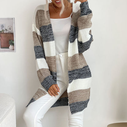 Striped Open Front Cardigan with Long Length