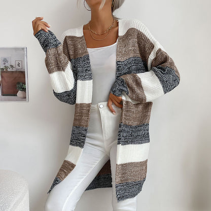 Striped Open Front Cardigan with Long Length
